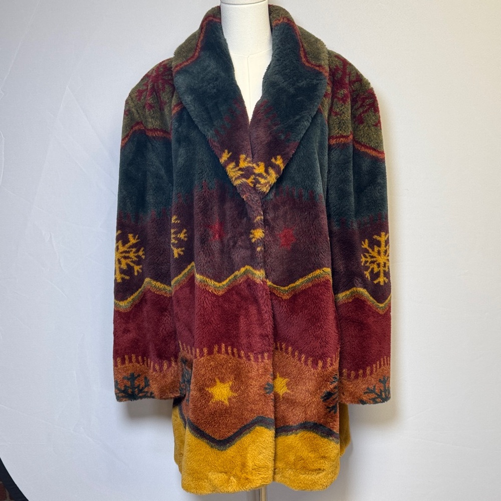 Not Fur Real by Duffel Vintage Multicolor Patterned Women's Coat Size Large